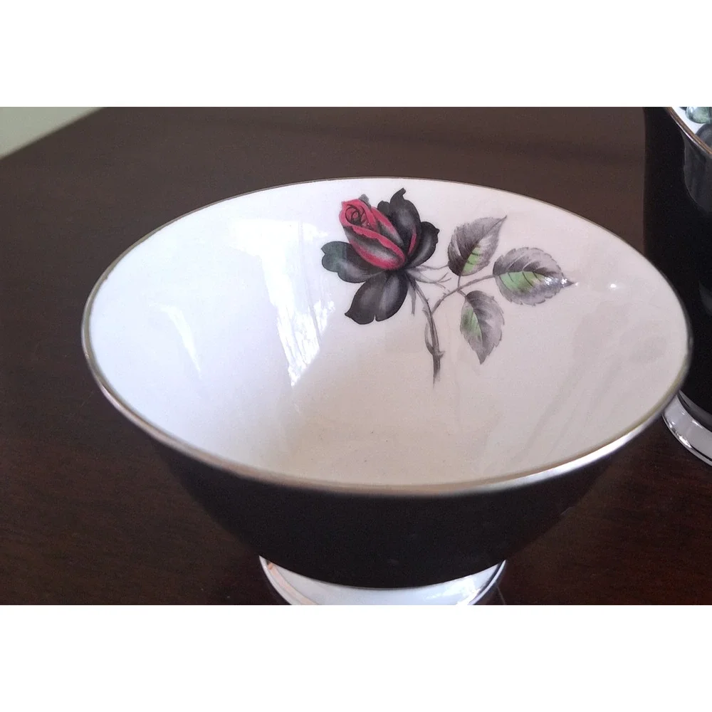 Royal Albert Masquerade Mini Open Sugar and Creamer 1950s Platinum Rim Black